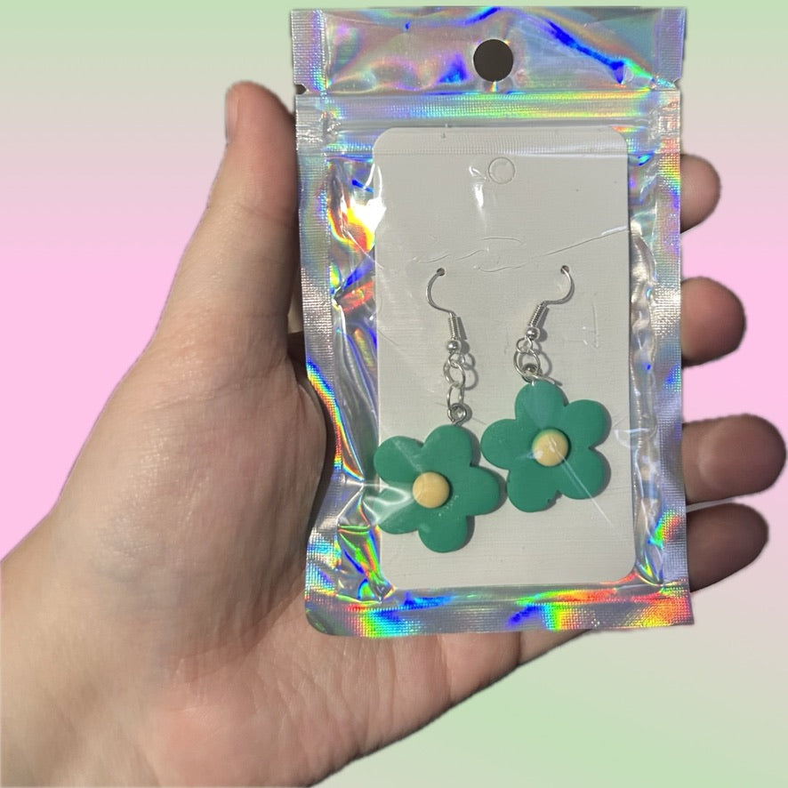 Green 3D Flower Earrings