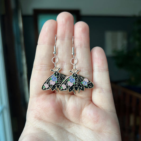 Black Floral Moth Earrings