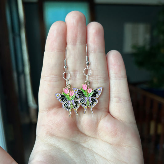 Purple Floral Butterfly Earrings